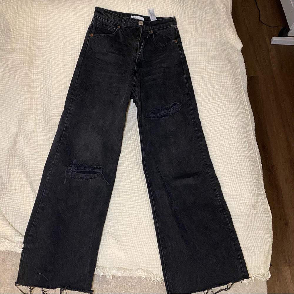 Zara high waist wide leg ripped jean